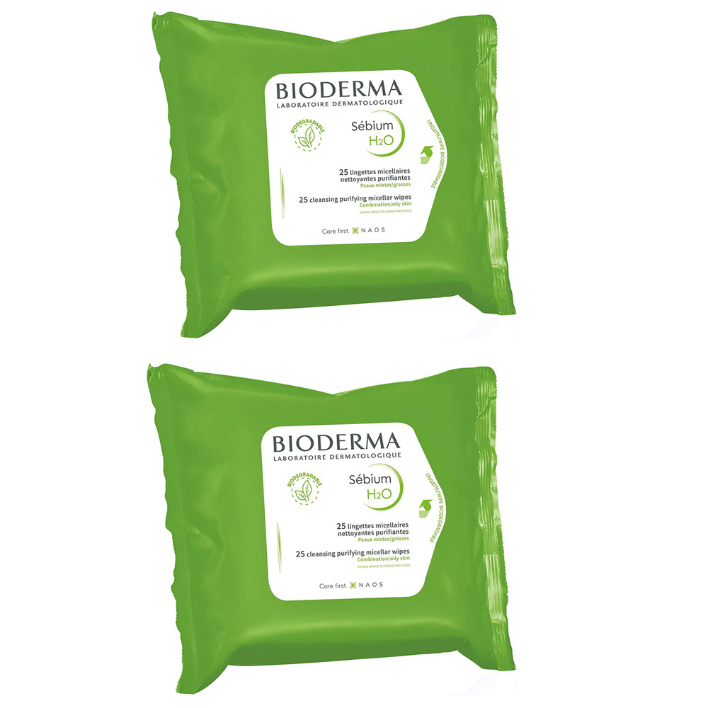 (Pack of 2) Bioderma Sebium H2O - Biodegradables Wipes - Cleansing & Make-Up Remover - for Combo to Oily Skin - 2 x 25 Wipes