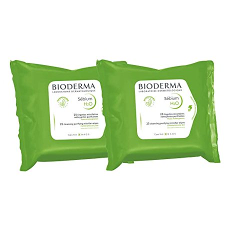 (Pack of 2) Bioderma Sebium H2O - Biodegradables Wipes - Cleansing & Make-Up Remover - for Combo to Oily Skin - 2 x 25 Wipes