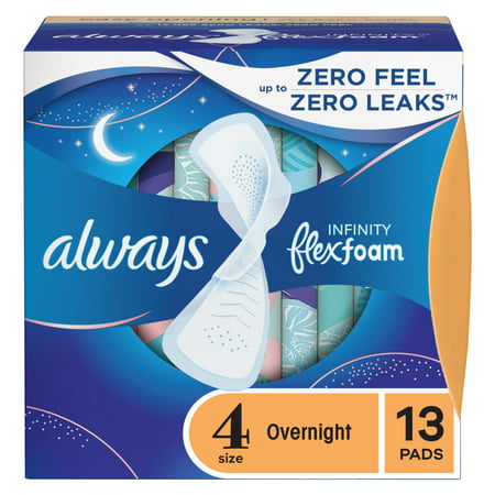 Always Infinity Feminine Pads for Women  Size 4 Overnight  with Wings  Unscented  13 Ct