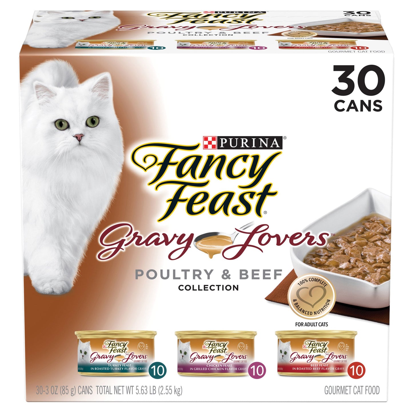 (30 Pack) Fancy Feast Gravy Wet Cat Food Variety Pack  Gravy Lovers Poultry & Beef Feast Collection  3 oz. Cans