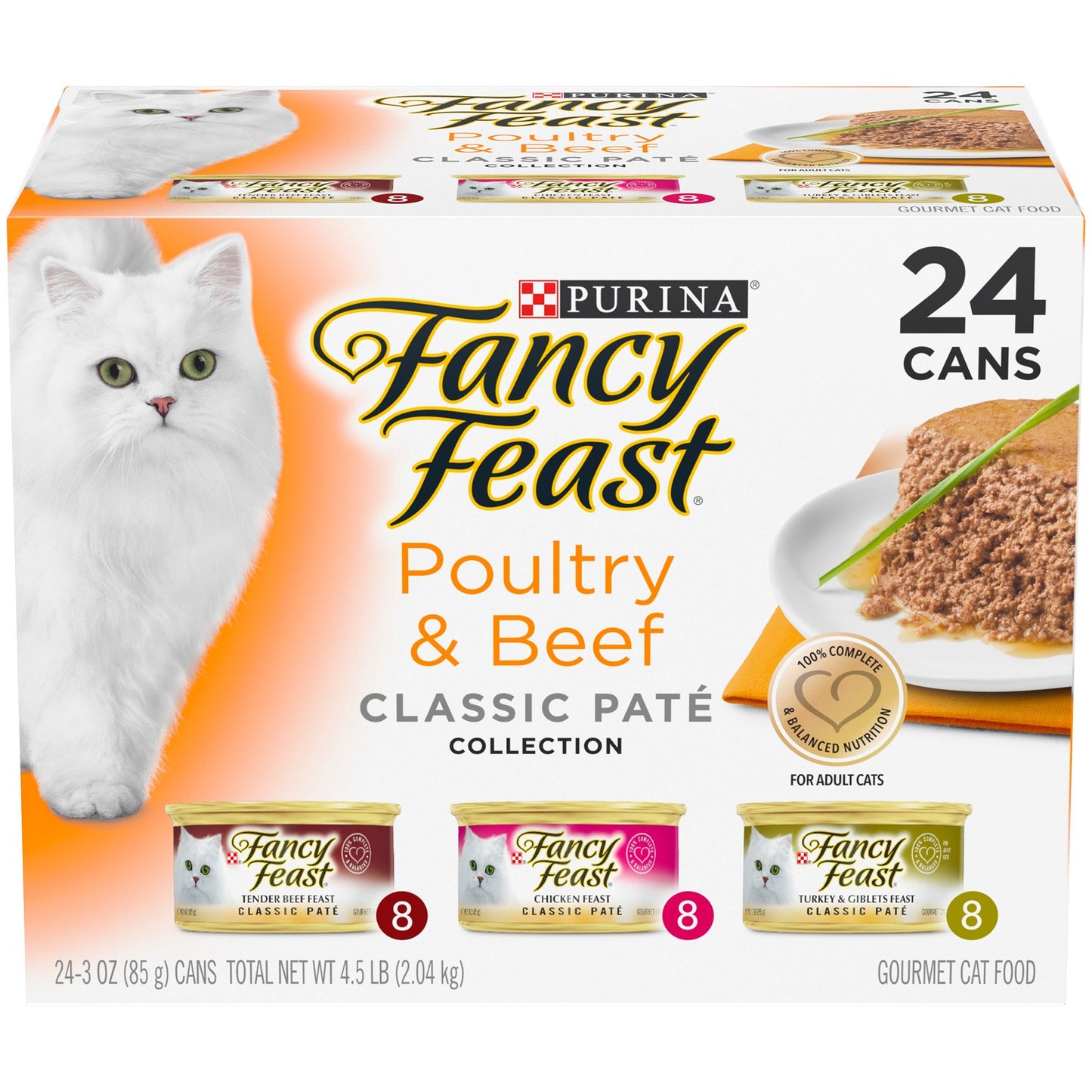 (24 Pack) Fancy Feast Grain Free Pate Wet Cat Food Variety Pack  Poultry & Beef Collection  3 oz. Cans