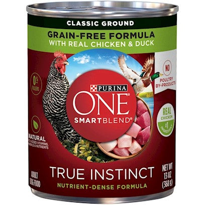(12 Pack) Purina ONE Grain Free  Natural Pate Wet Dog Food  SmartBlend True Instinct With Real Chicken & Duck  13 oz. Cans