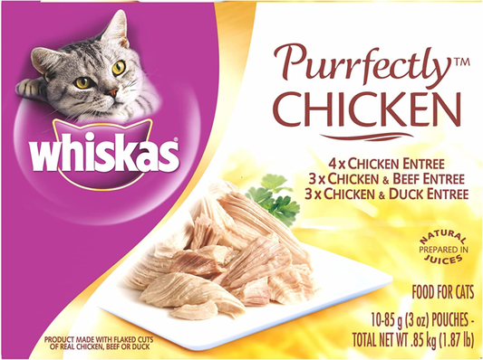 (10 Pack) WHISKAS PURRFECTLY Chicken Variety Pack Wet Cat Food, 3 oz.