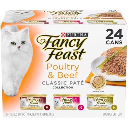 (24 Pack) Fancy Feast Grain Free Pate Wet Cat Food Variety Pack  Poultry & Beef Collection  3 oz. Cans