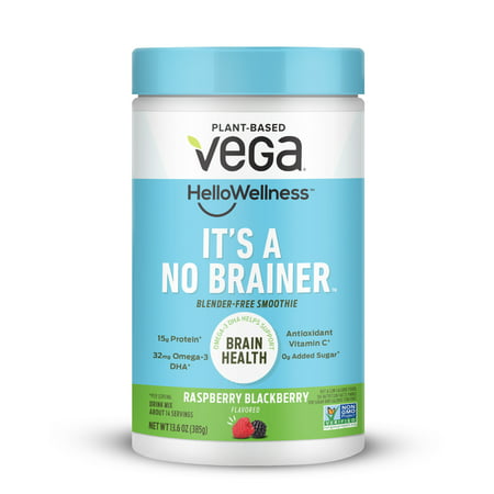 Vega Hello Wellness It s a No Brainer  Raspberry Blackberry  Vegan Protein Powder  13.6 oz (14 Servings)