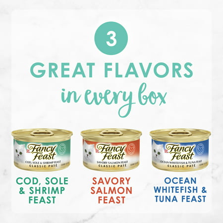 (12 Pack) Fancy Feast Grain Free Pate Wet Cat Food Variety Pack  Seafood Classic Pate Collection  3 oz. Cans