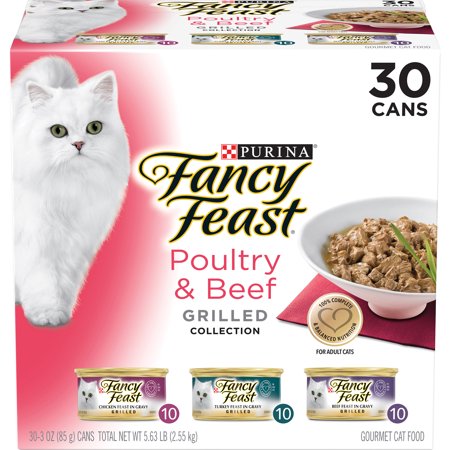 (30 Pack) Fancy Feast Gravy Wet Cat Food Variety Pack  Poultry & Beef Grilled Collection  3 oz. Cans