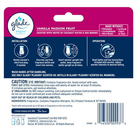 Glade PlugIns Refill 5 CT  Vanilla Passion Fruit  3.35 FL. OZ. Total  Scented Oil Air Freshener Infused with Essential Oils