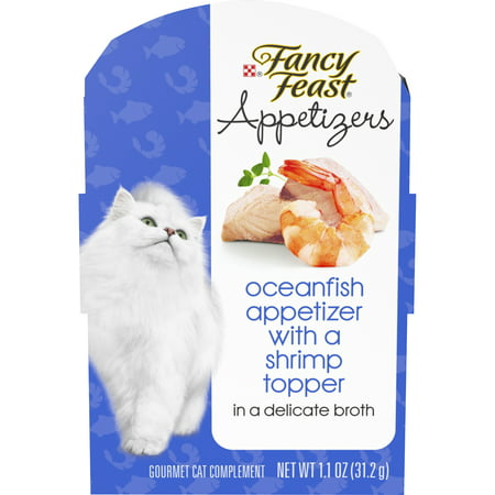 (10 Pack) Fancy Feast Wet Cat Food Complement  Appetizers Oceanfish With a Shrimp Topper in Broth  1.1 oz. Trays