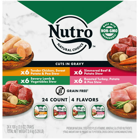 (24) NUTRO Natural Grain Free Cuts in Gravy Beef  Lamb  Chicken  and Turkey Adult Wet Dog Food Variety Pack  3.5 oz. Trays