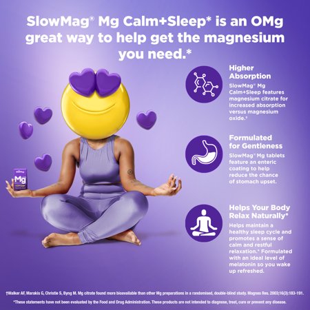 SlowMag MG Calm + Sleep Magnesium Citrate with Melatonin Supplement Tablets, 60 Count (Pack of 1)