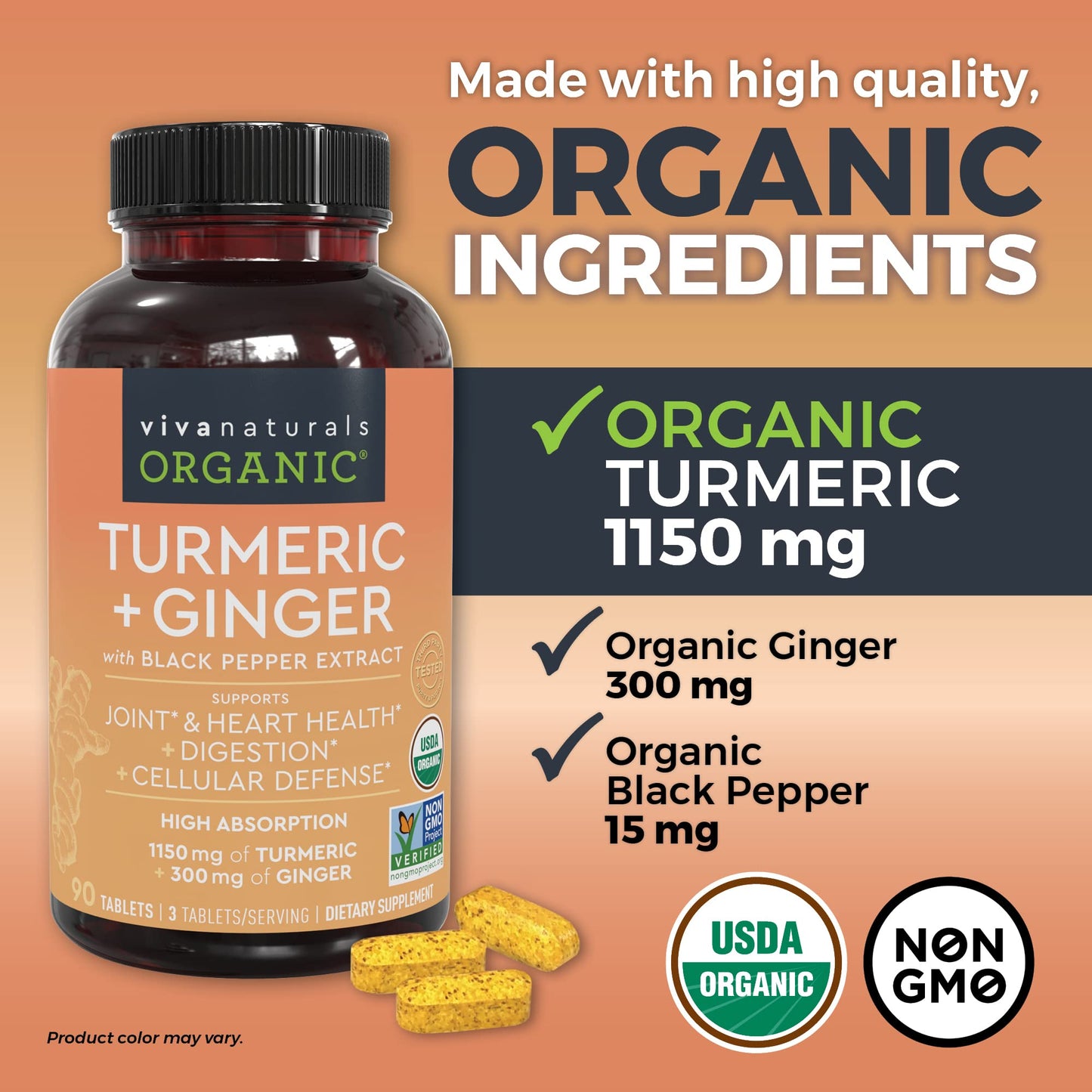 Viva Naturals Organic Turmeric Curcumin + Ginger with Organic Black Pepper Extract Tablets - 90ct