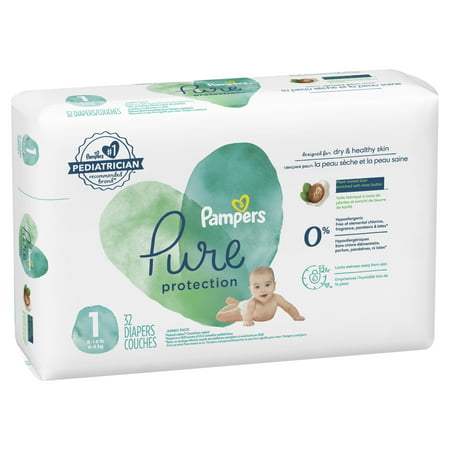 Pampers Pure Protection Natural Newborn Diapers, Size 1, 32 ct
