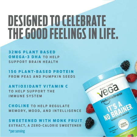 Vega Hello Wellness It s a No Brainer  Raspberry Blackberry  Vegan Protein Powder  13.6 oz (14 Servings)