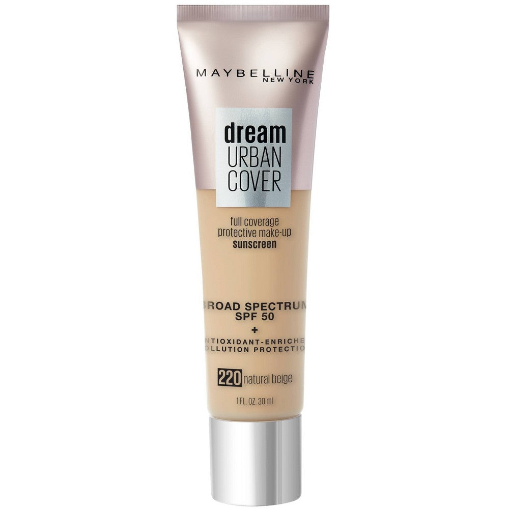 (2 Pack) Maybelline Dream Urban Cover Flawless Coverage Foundation Makeup, SPF 50, Natural Beige, 1 fl. oz.