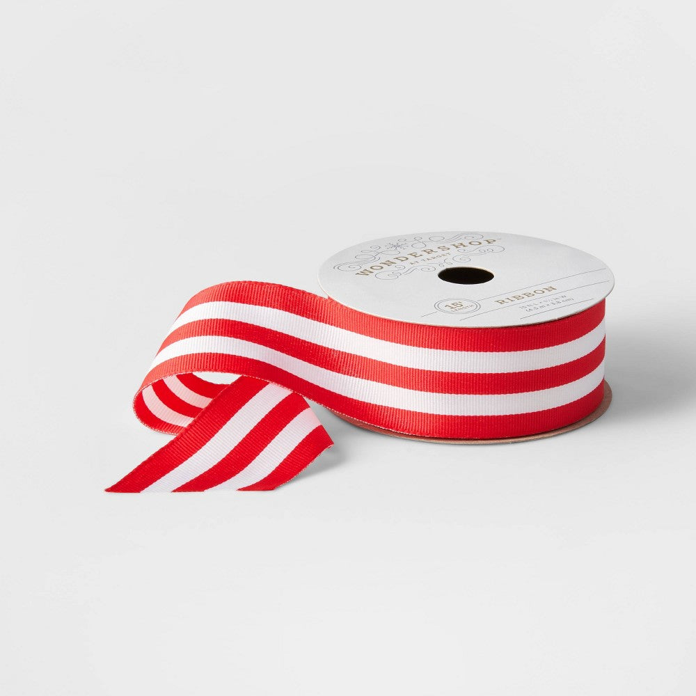 1.5 Fabric Ribbon Red with White Stripe 15ft - Wondershop
