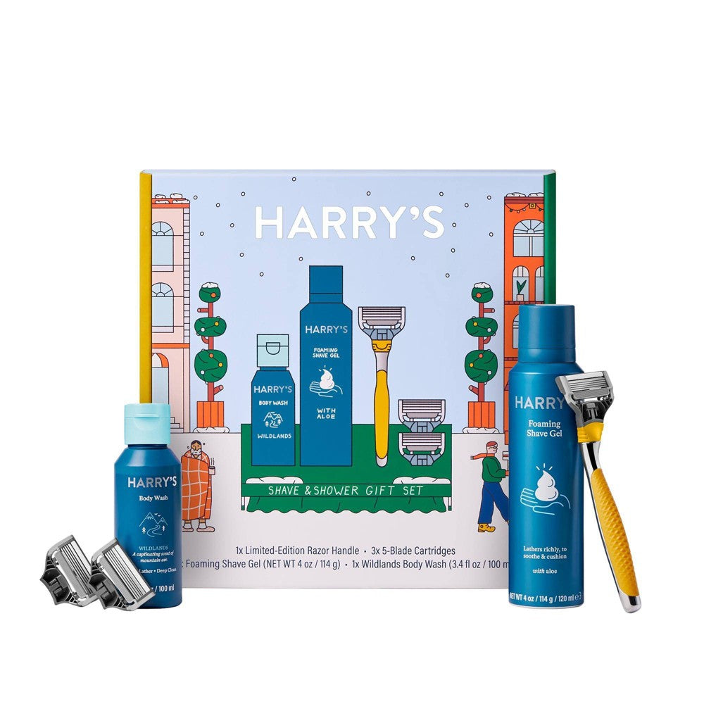 Harry s Chrome Shave & Shower Gift Set - 4 Pieces (1x Chrome Razor  4 Oz Shave Gel  3x Razor Head Cartridges  and Wildlands Body Wash 3.4 Oz)