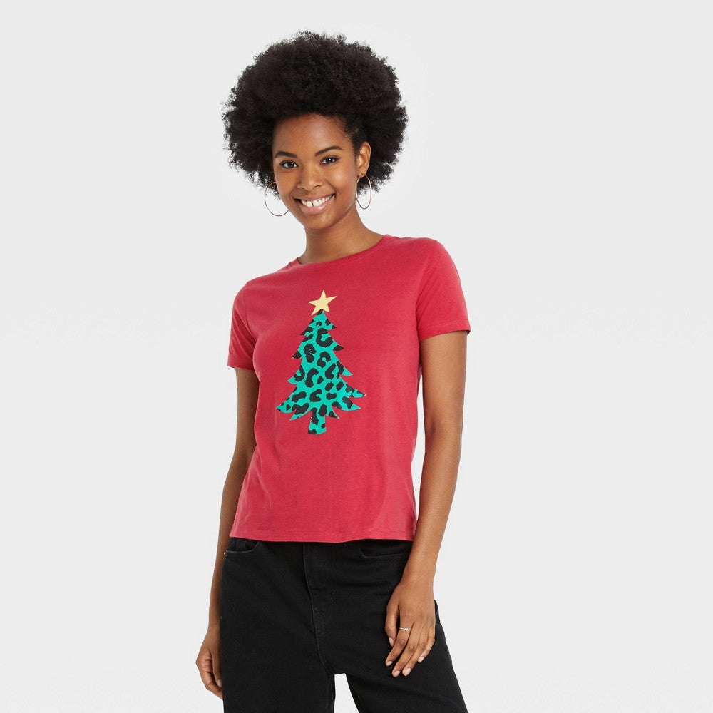 Women's Christmas Tree Leopard Print Logo Short Sleeve Graphic T-Shirt - Red S