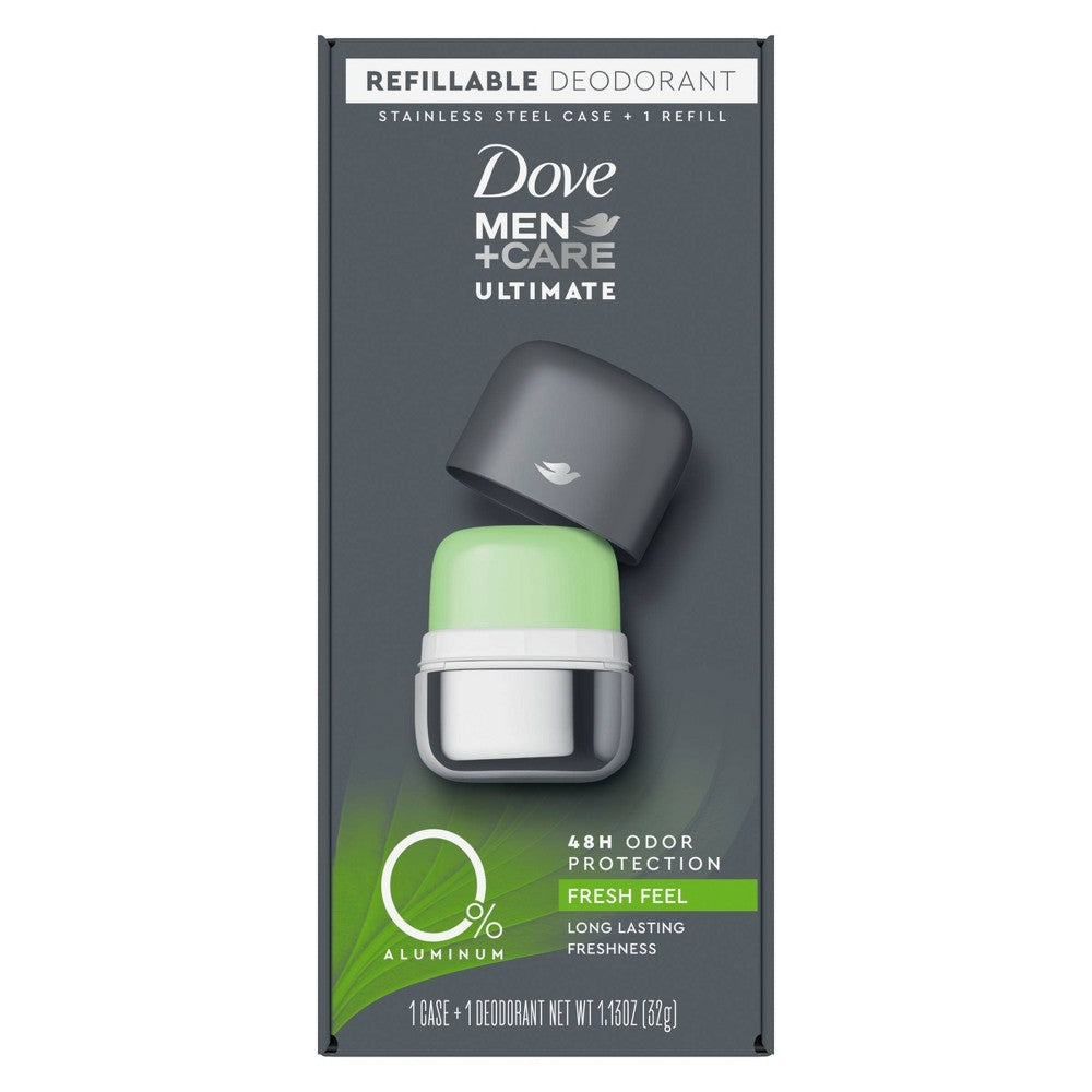 Dove Men+Care 0% Aluminum Fresh Feel Refillable Deodorant Stainless Steel Case + 1 Refill - 1.13oz