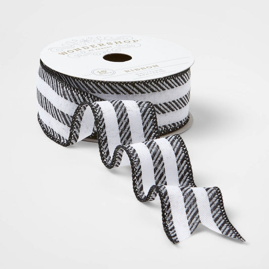 1.5 Striped Faux Linen Fabric Ribbon BlackWhite 15ft - Wondershop
