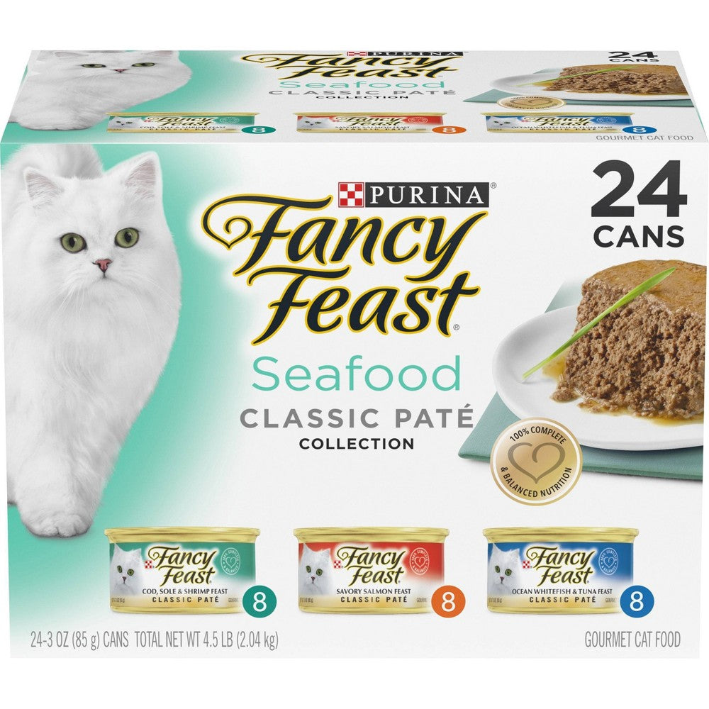 (24 Pack) Fancy Feast Grain Free Pate Wet Cat Food Variety Pack  Seafood Classic Pate Collection  3 oz. Cans