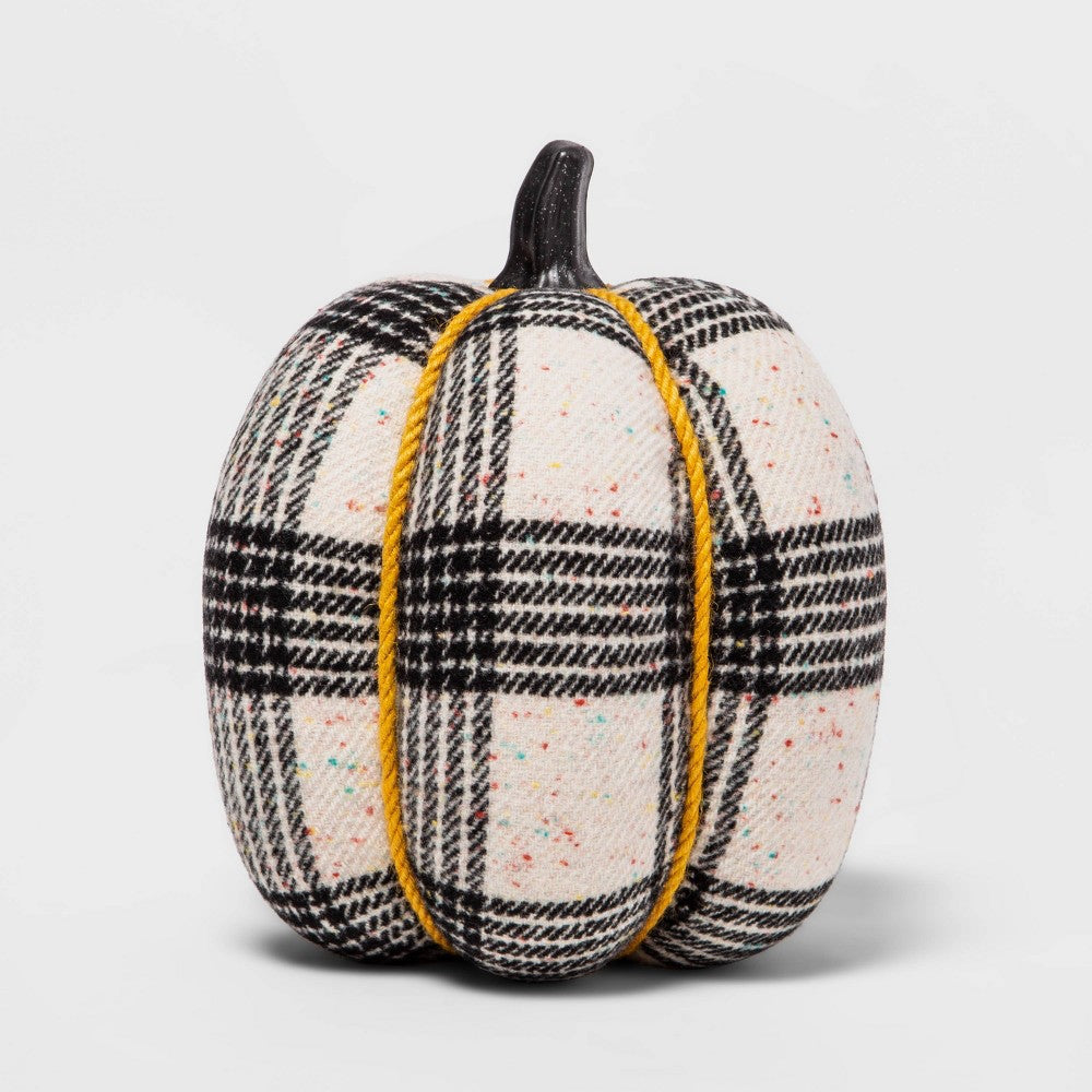 Halloween 8.5 Large Harvest Fabric Wrapped Pumpkin with TweedPlaid Speckle BlackWhite - Hyde & EEK! Boutique