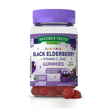 Kids Black Elderberry Gummies | 50 Count | With Zinc and Vitamin C | Vegan  Non-GMO & Gluten Free Supplement | by Nature s Truth
