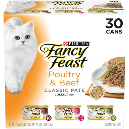 (30 Pack) Fancy Feast Grain Free Pate Wet Cat Food Variety Pack  Poultry & Beef Collection  3 oz. Cans