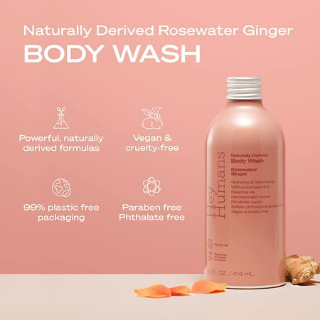 Hey Humans Rosewater Ginger Moisturizing Body Wash with Vegan + Natural Ingredients  Jojoba Oil - 14 fl oz (Pack of 1)