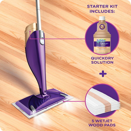 Swiffer WetJet Wood Mop Starter Kit (1 Mop  5 Pads  1 Floor Cleaning Solution)