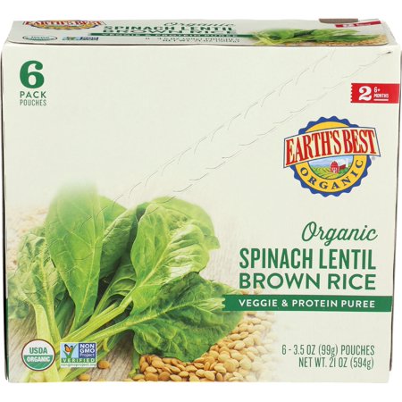 (6 Pack) Earth's Best Organic Stage 2, Spinach Lentil and Brown Rice Baby Food, 3.5 oz. Pouch