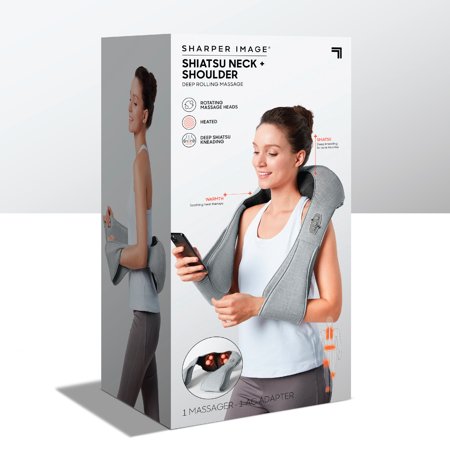 SHARPER IMAGE Reversible Neck & Shoulder Shiatsu Massager  with Arm Straps  Personal Massage for Neck & Back  Deep Tissue Kneading and Soothing Heat  Rotating Heads  Relaxation & Calming Sensation