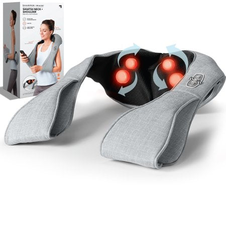 SHARPER IMAGE Reversible Neck & Shoulder Shiatsu Massager  with Arm Straps  Personal Massage for Neck & Back  Deep Tissue Kneading and Soothing Heat  Rotating Heads  Relaxation & Calming Sensation