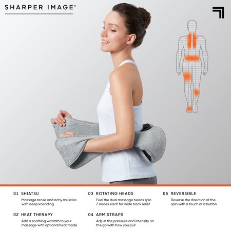 SHARPER IMAGE Reversible Neck & Shoulder Shiatsu Massager  with Arm Straps  Personal Massage for Neck & Back  Deep Tissue Kneading and Soothing Heat  Rotating Heads  Relaxation & Calming Sensation