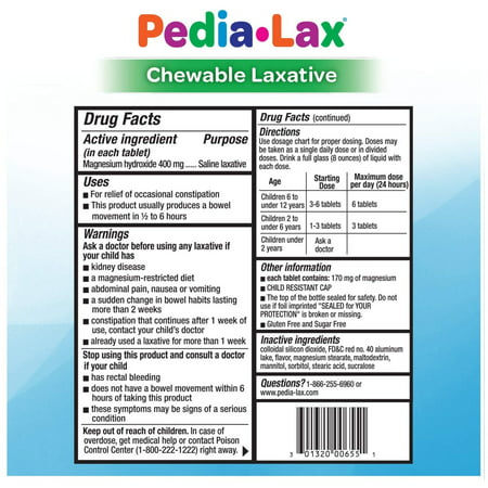 Pedia-Lax Laxative Chewable Tablets for Kids  Ages 2-11  Watermelon Flavor  30 CT