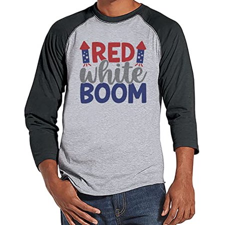 7 ate 9 Apparel Men s 4th of July Shirts - Patriotic Red White Boom Firecracker Grey Shirt Small