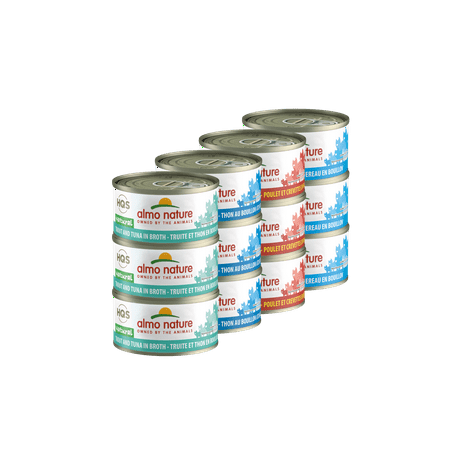(12 Pack) Almo Nature HQS Natural Variety Pack Grain Free Recipes in Broth  Atlantic Tuna  Mackerel  Chicken & Shrimps  Trout & Tuna Wet Cat Food  2.47 oz Cans