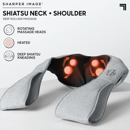 SHARPER IMAGE Reversible Neck & Shoulder Shiatsu Massager  with Arm Straps  Personal Massage for Neck & Back  Deep Tissue Kneading and Soothing Heat  Rotating Heads  Relaxation & Calming Sensation